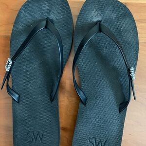 Stuart Weitzman Black Rhinestone Flip Flop Crystal Thong Sandals Women's US 7